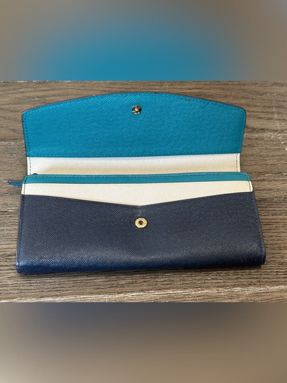 Michael Kors • Fulton Saffiano Leather Wallet • Navy | Teal | White - Picture 2 of 15